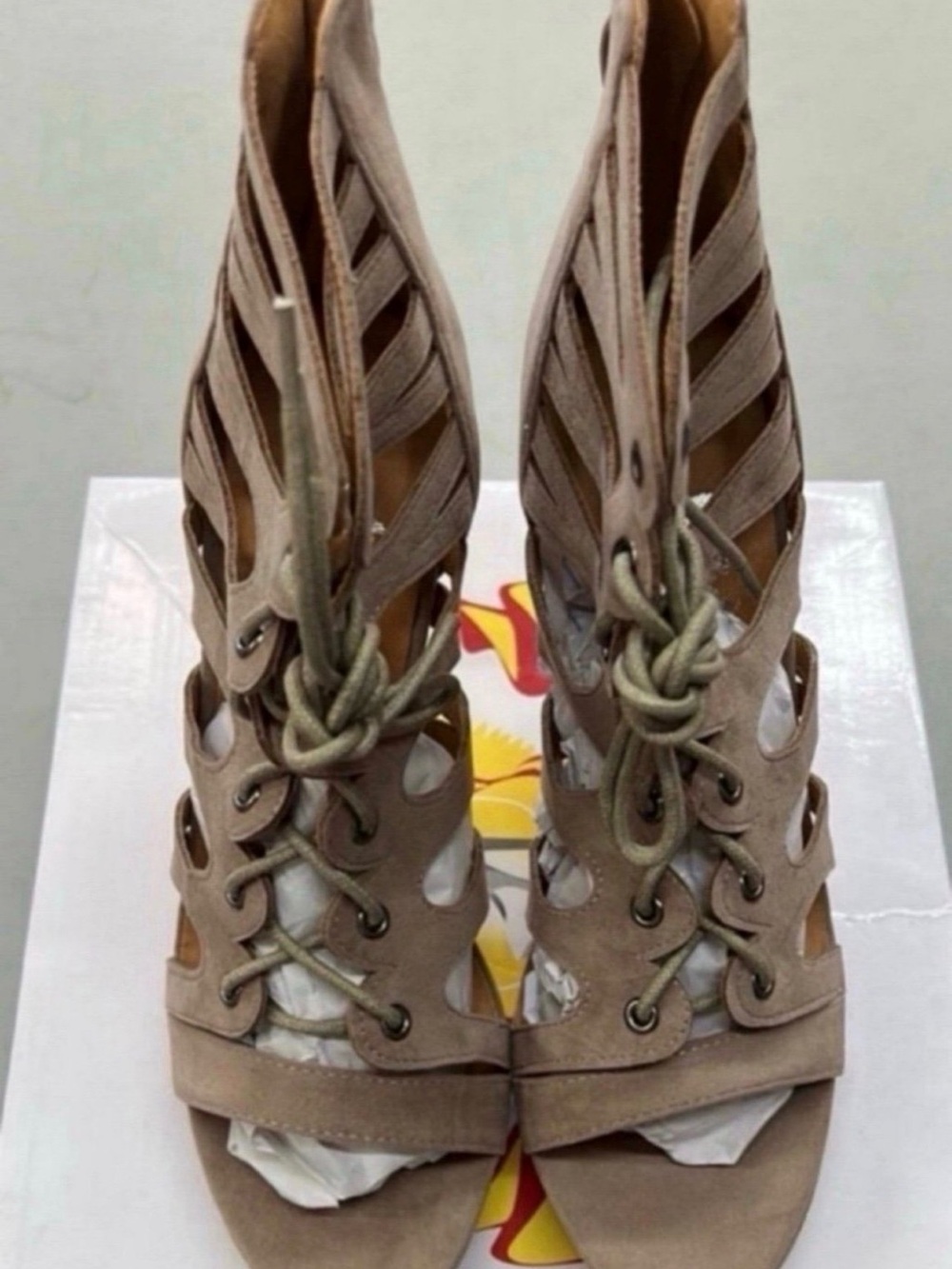 West Blvd Taupe Lace-Up Cutout High Heel Sandals
